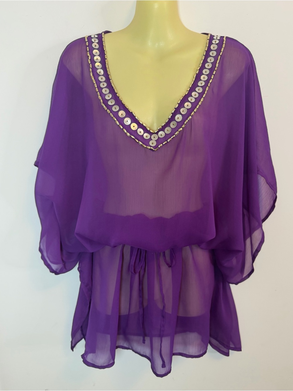 Purple Embellished V-Neck Sheer Swimsuit Coverup